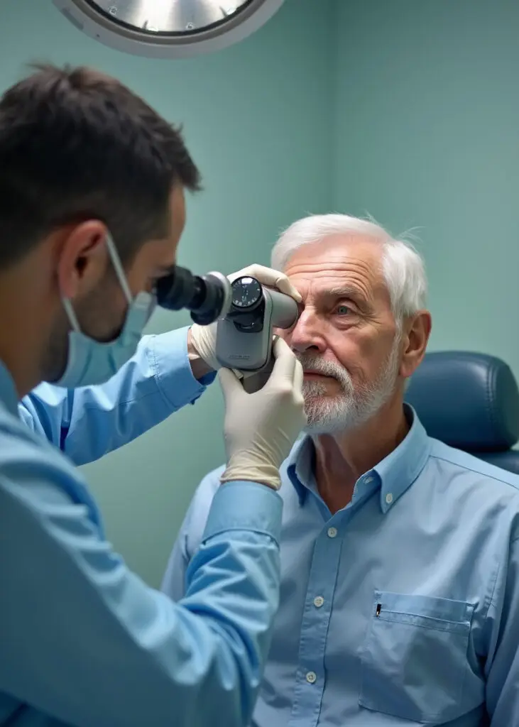 An experienced eye surgeon examining a patients eyes